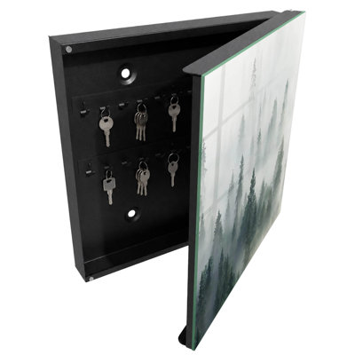 Wall mounted key box, Opens to the left, 30x30x5, Black, The peace of the forest in the morning mist, 