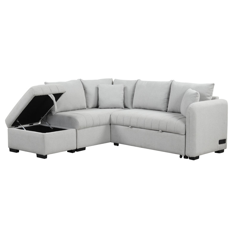 82.6" L-Shaped Sectional Pull Out Sofa Bed Sleeper Sofa With Two USB Ports, Gray Polyester