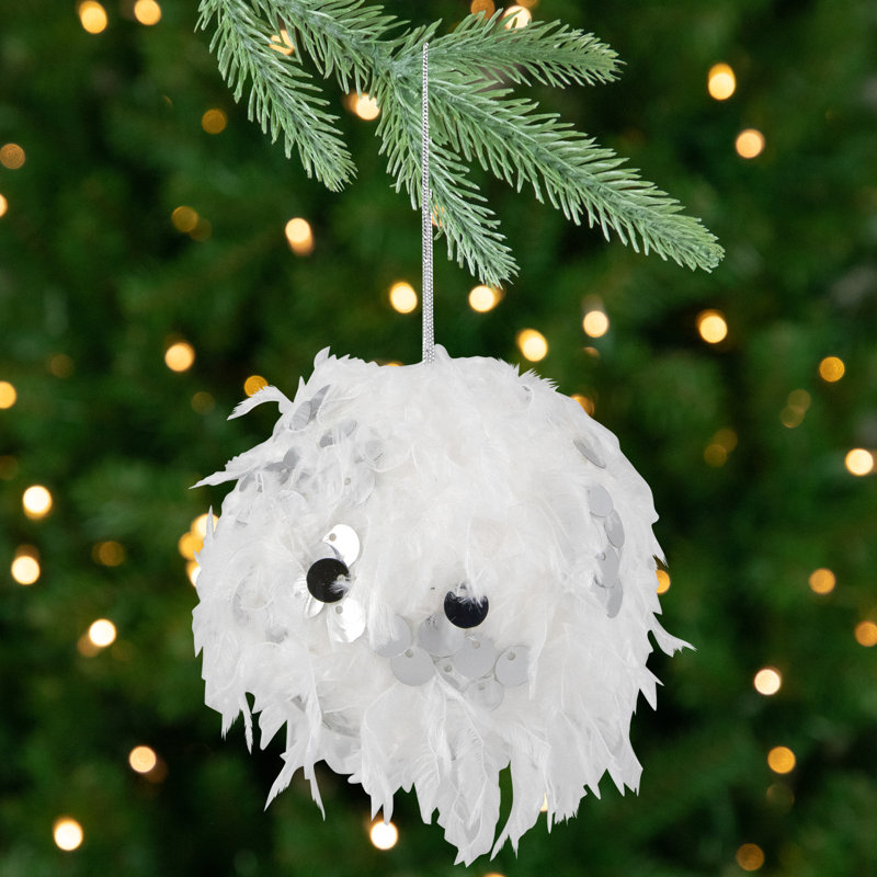 Feather Ball With Large Sequins Christmas Ornaments - 3.5" - White - Set Of 4