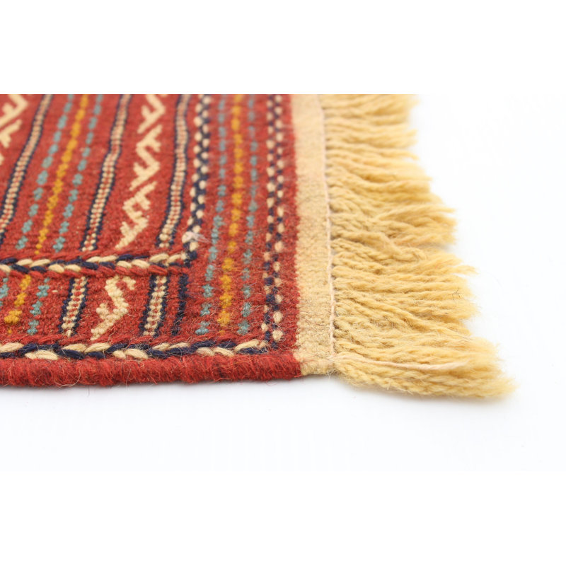 Tapis de couloir rayé en laine tissé à plat à la main 2 pi 5 po x 6 pi 7 po rouge / orange / jaune