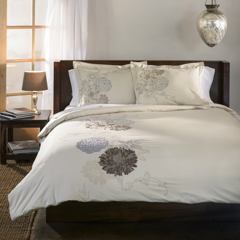 California King Beige Cotton Floral Embroidered Duvet Cover Set