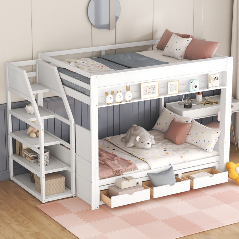 Lit superposé double convertible avec escalier de rangement, table de chevet et 3 tiroirs, Blanc