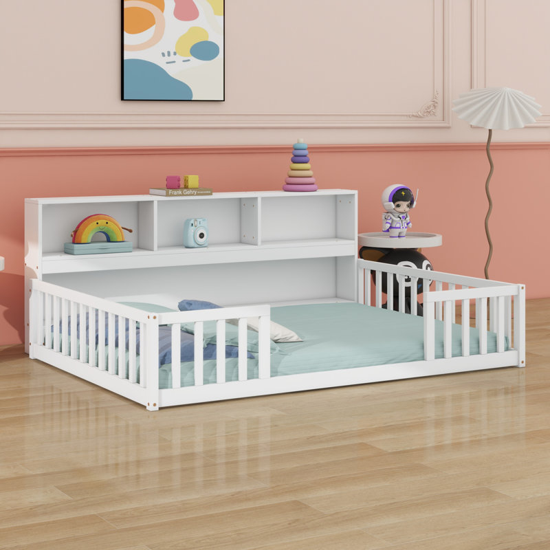 Floor Bed With Side Bookcase,Shelves,Guardrails, White