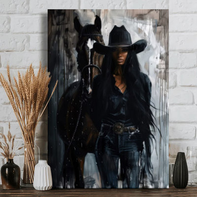Art mural sur toile "Femme noire au chapeau de cowboy avec cheval" - scène pluvieuse de l'Ouest - galerie profonde de 1 po - 24 po x 36 po