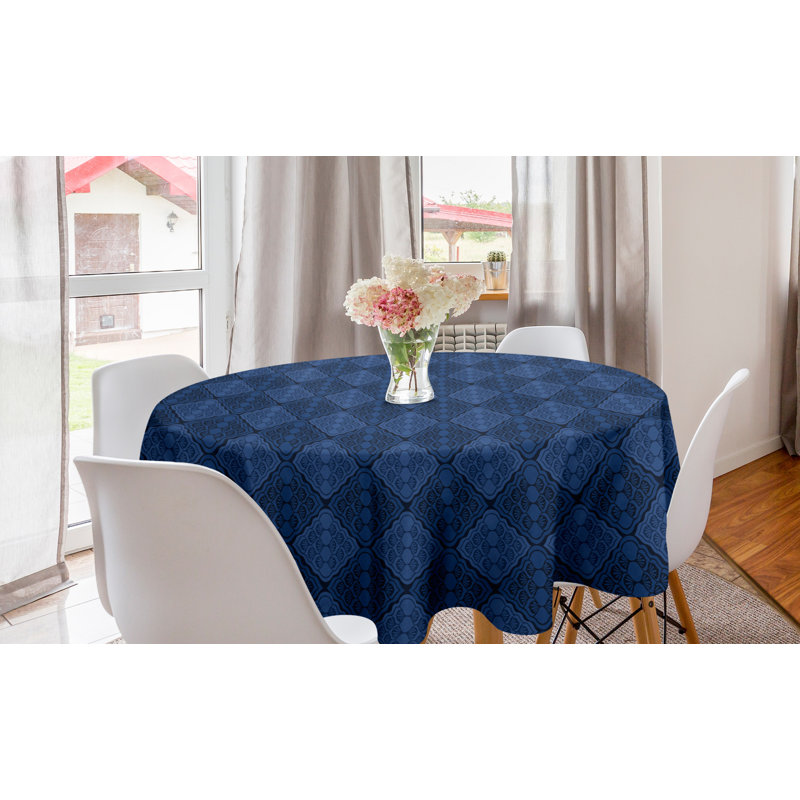 Ambesonne Navy Blue Round Tablecloth, Nautical Colored Continuous Demonstration Of Diamond Damask Weaving Patterns, Circle Table Cloth Cover For Dining Room Kitchen Decoration, 60", Indigo