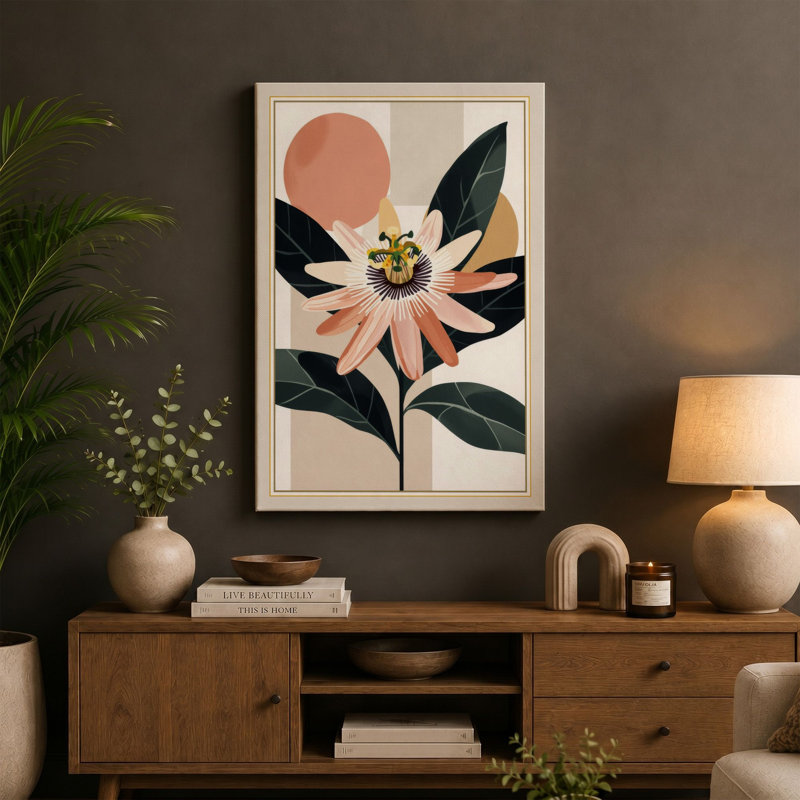 Single Stem in Bloom Botanical - Wrapped Canvas, 30x20 - 76.2 x 50.8 cm, Taupe Border