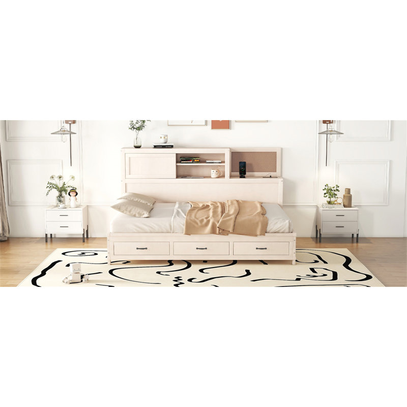 Lit de jour en bois avec 3 tiroirs de rangement, Complet/Double, Blanc