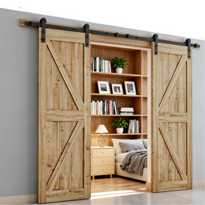 Ensemble de quincaillerie pour porte de grange coulissante double 8 pi 8 po, poulie J de base, coulisse doucement en douceur et installation facile