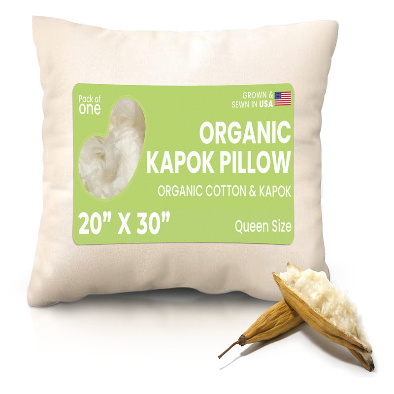 Kapok Bed Pillow - Organic Cotton Fabric and Fill Soft Pillow for Sleeping, Queen: 20" X 30"
