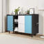 Buffet moderne noir avec portes bleues - 2 tiroirs et 2 compartiments de rangement ouverts, armoire d'appoint pour la cuisine, la salle à manger, le café-bar