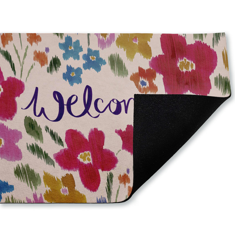 Paillasson Welcome Ikat, imprimé par Heather McLaughlin, 18 po x 30 po, Fleurs de bienvenue ikat