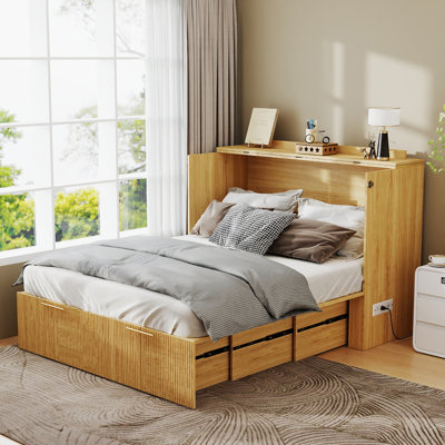Lit escamotable double avec tiroir et station de charge, commode pliante cachée pour économiser de l'espace en bois, armoire de rangement multifonctionnelle