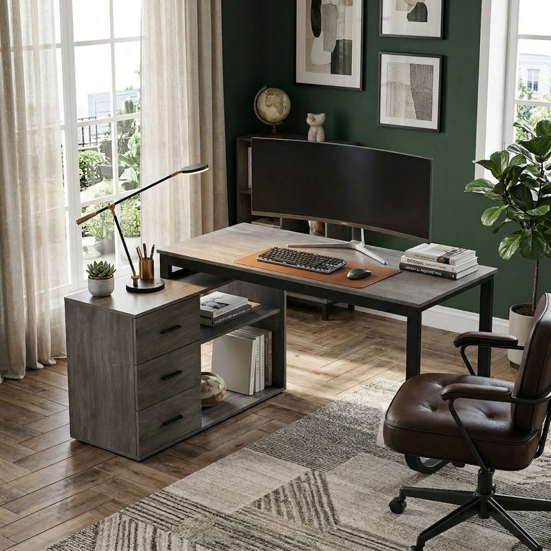 Fort Myers Reversible Multi-Functional Desk with Storage Drawers and Open Shelving, Dark Gray