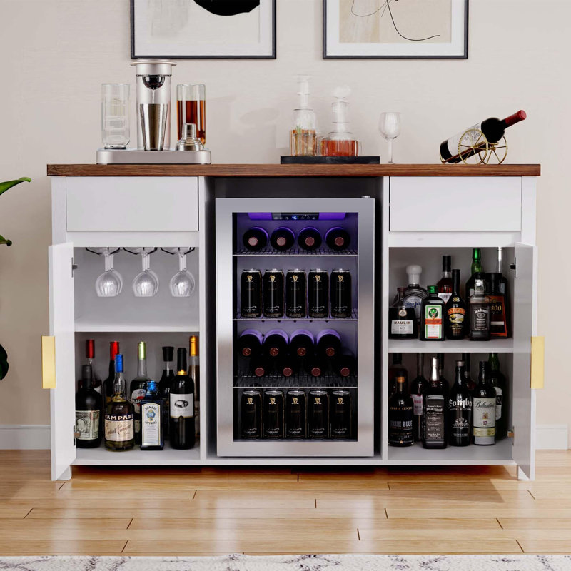 53.2" L Modern Fluted Coffee Bar Cabinet with Fridge Space & Wine Storage, White