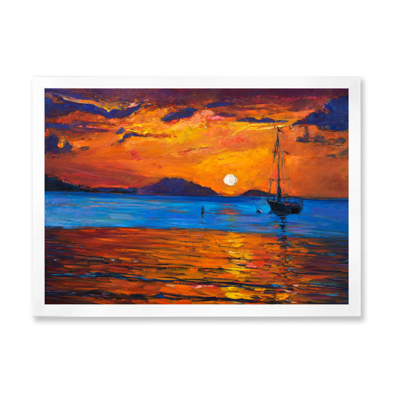 Bateau pendant la soirée, lueur au lac Ix - Peinture sur toile, H 16 po x l 32 po x p 1 po, Cadre blanc