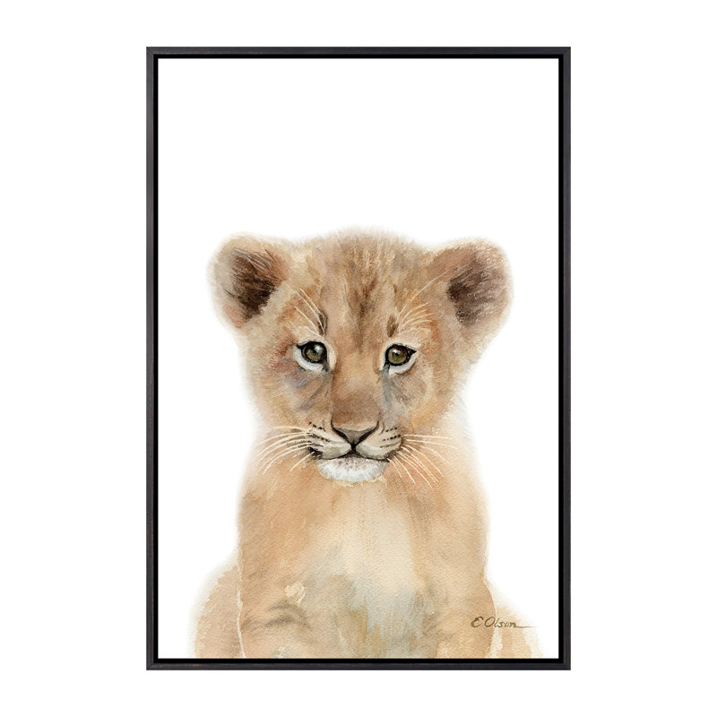 Bébé lionceau - reproduction d'art, H 26 po x l 18 po x 1,5 po, Toile avec cadre noir patiné, Pas de tapis