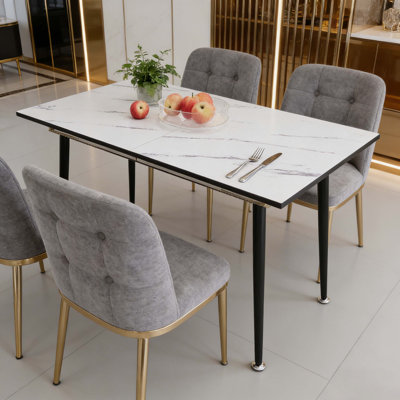 47" expandable to 63" inch MDF square white marble patterned dining table, modern industrial kitchen and dining table, equipped with tapered black metal legs