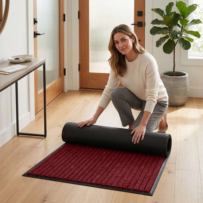NON-SLIP RUBBER DOOR MAT - INDOOR/OUTDOOR USE, Burgundy, 80cm W x 300cm L