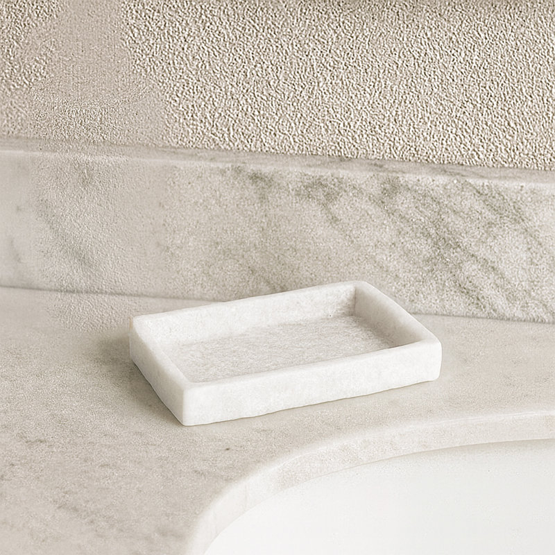Plateau porte-gobelet porte-savon effet pierre, Blanc