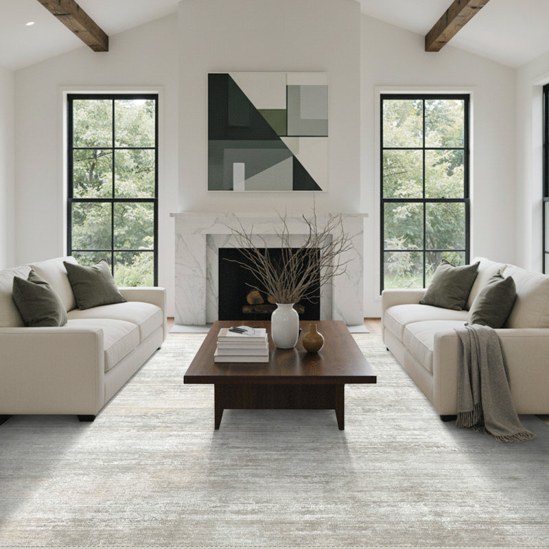 Abstract Modern Machine Washable Gray / Beige Indoor Area Rug with Non-Slip Backing, Rectangle 6' x 9'