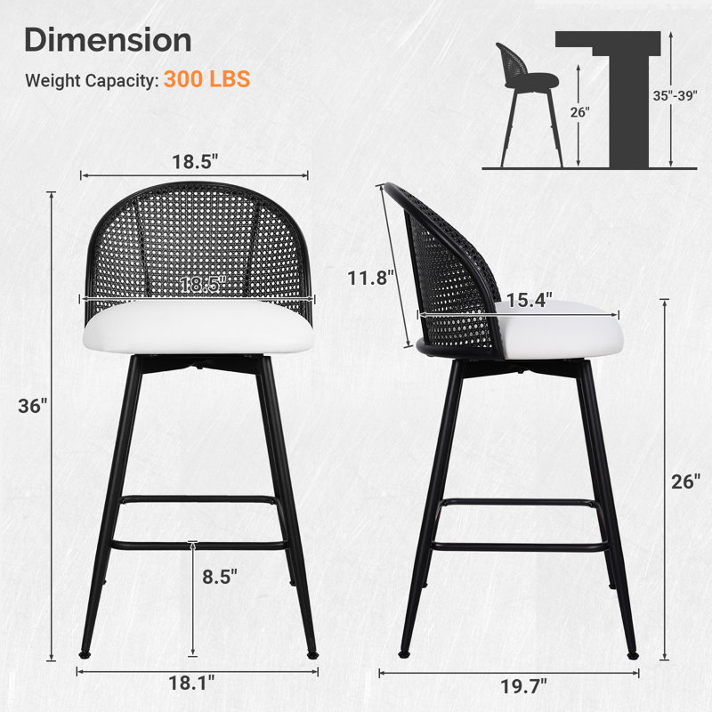 Arvon Swivel Upholstered Counter & Bar Stool, White, Counter Stool (26” Seat Height), Black