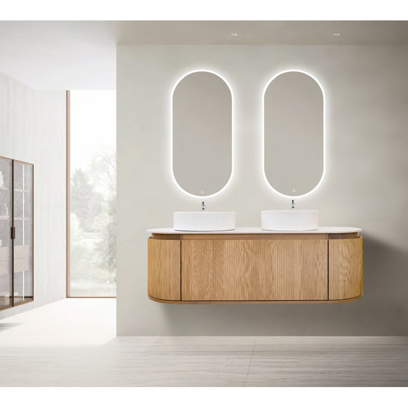 Meuble-lavabo double flottant en bois massif avec miroirs rétro-éclairés à DEL