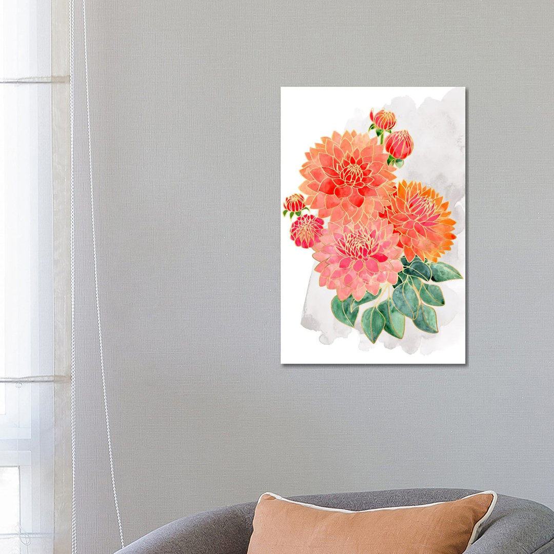 Pacey Dahlien Bouquet In Coral Watercolor von Blursbyai - Galerie-verpackt Leinwand Giclée auf Leinwand