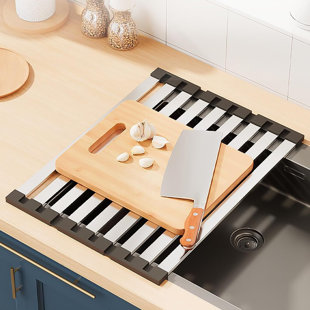 Stainless Steel Foldable Dish Drying Rack, Over the Sink Draining Rack for Kitchen Counter, Roll Up Dish Rack for Sink, Multipurpose Kitchen Organizer for Dishes, Cups, Utensils and Vegetables