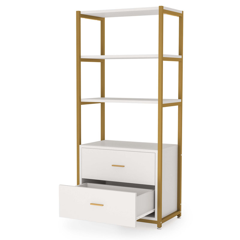 4-Tier Bookshelf Etagere Display Bookcase with 2 Drawers, White/Gold