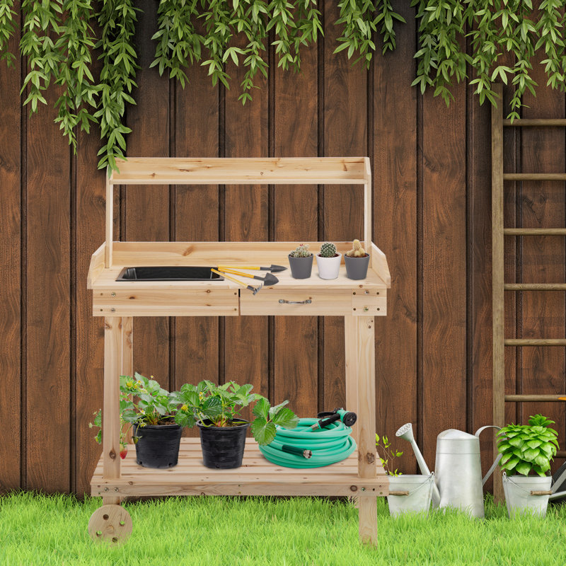 Table de travail en bois 36 po avec 2 roues amovibles, poste de travail de jardin avec lavabo amovible, tiroir et grands espaces de rangement, naturel