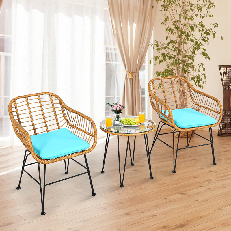 Brookley 2 - Person Wicker Patio Dining Set with Round Table , Cushions Included, Brown, Mint