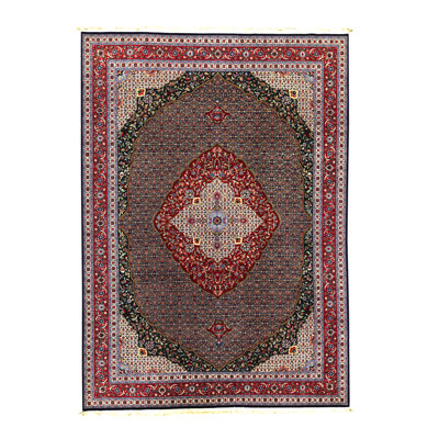 Tapis bleu marine et rouille de haute qualité noué à la main
