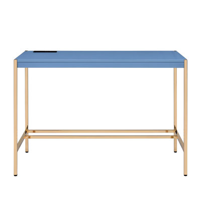 Navy Blue Gold Rectangular Writing Desk With Built - In , Fixed Design, High Gloss Coating, Wooden Surface, Open Metal Base, 30 Height Configuration, Tall