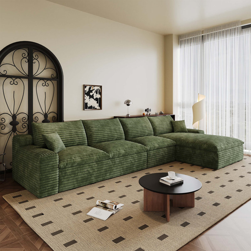 Canapé modulaire de 135 pouces en velours côtelé, structure double couche, coussins amovibles, aucun assemblage requis, vert