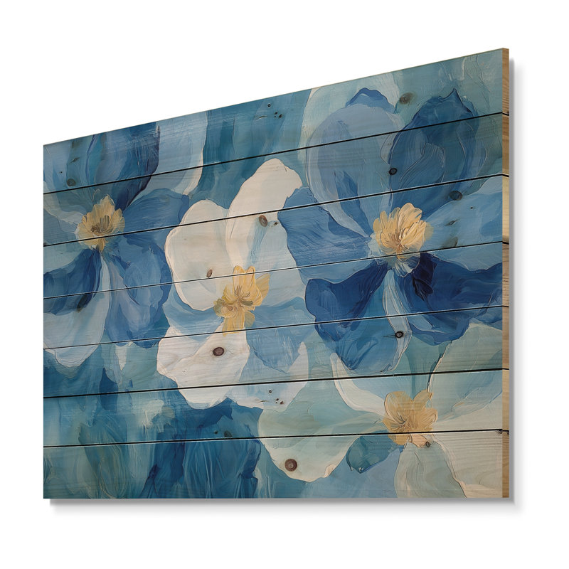 Bleu et blanc délicats pétales de fleurs III - art mural en bois de cornouiller - sur bois de pin naturel