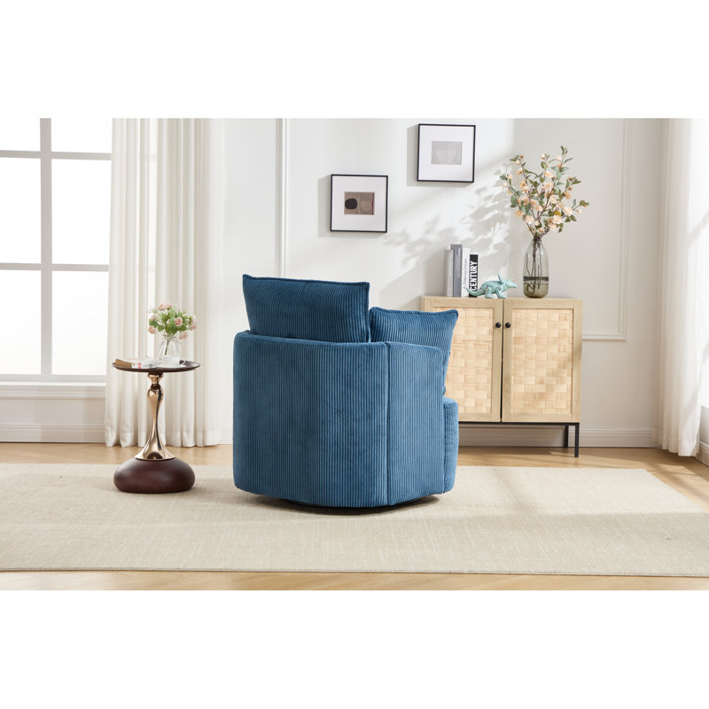 Fauteuil pivotant rond à 360° bleu, structure robuste en bois massif et métal, idéal pour un coin lecture ou un bureau, profondeur 34,51 cm, largeur 31,83 cm, hauteur 35,64 cm, pivotement sur toute la longueur, piètement en cadre, convient pour une chambre d'enfant.