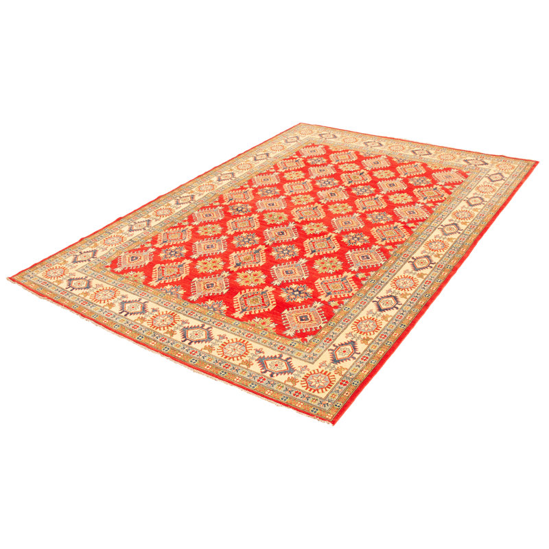 Tapis rouge / crème en laine noué à la main de conception unique 8 pi 4 po x 12 pi 3 po New Age