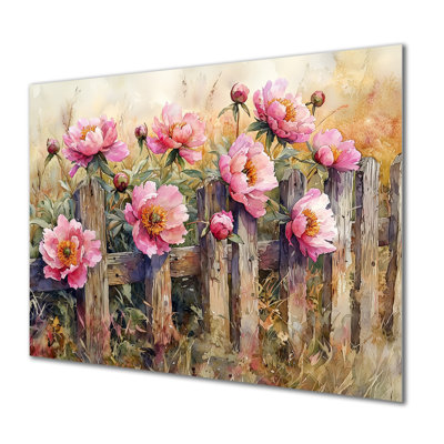 Ferme pivoines par la clôture rustique I - pivoines, art mural en métal pour le salon