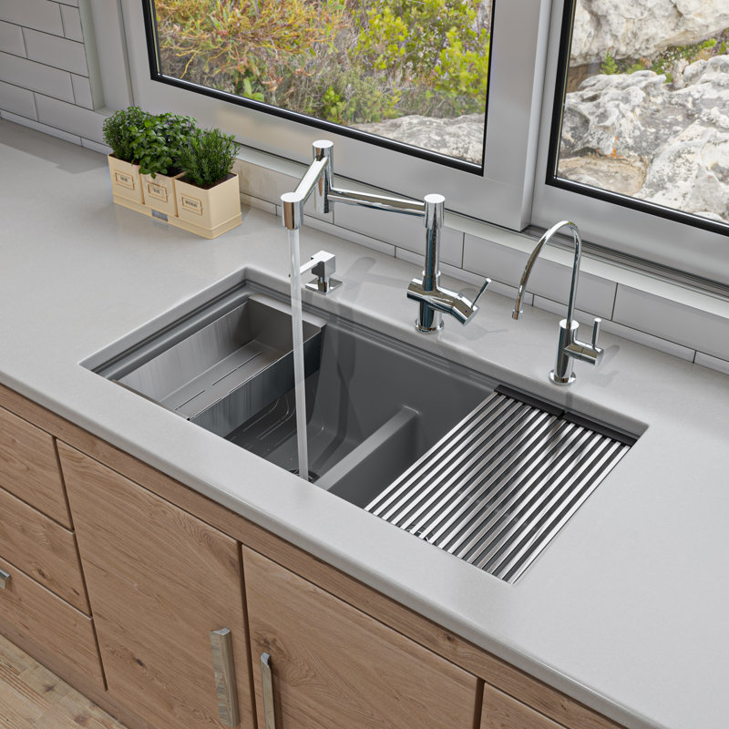 33.86'' L Double Bowl Granite Kitchen Sink, Titanium