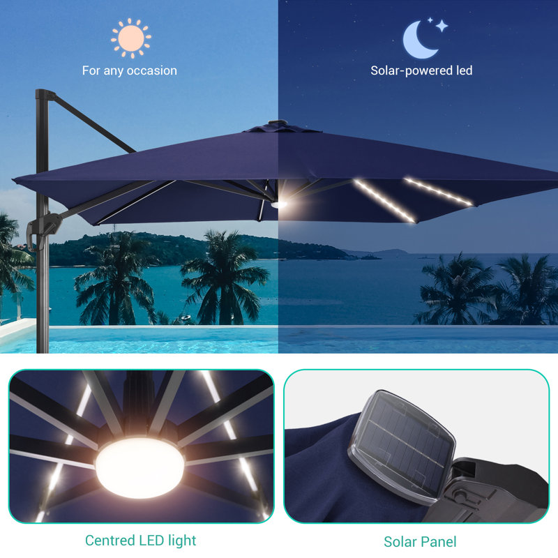 Parasol rectangulaire en porte-à-faux 11,5 pi x 9 pi Clair, Bleu marine