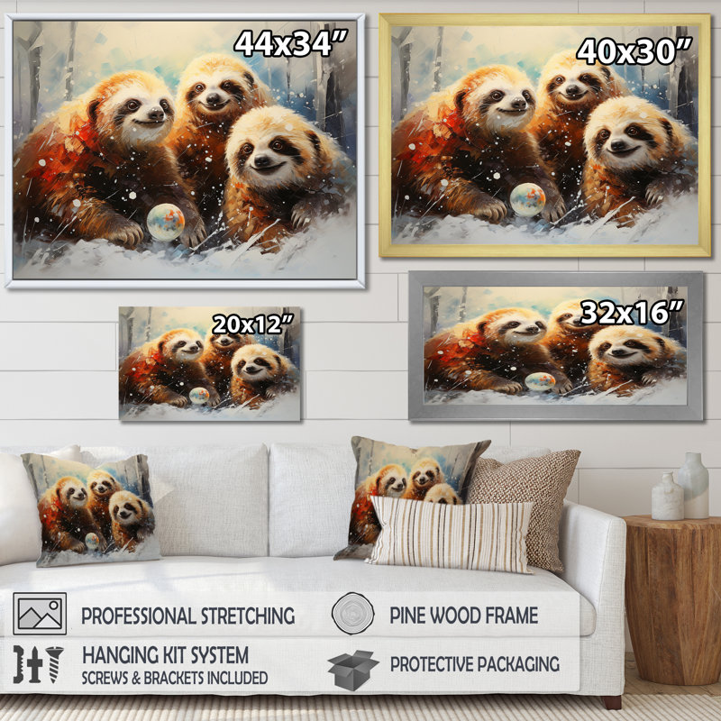 Brown Sloths Winter - Slothwall Art, 30" H x 40" W x 1.5" D, Gold Closed Corner Framed