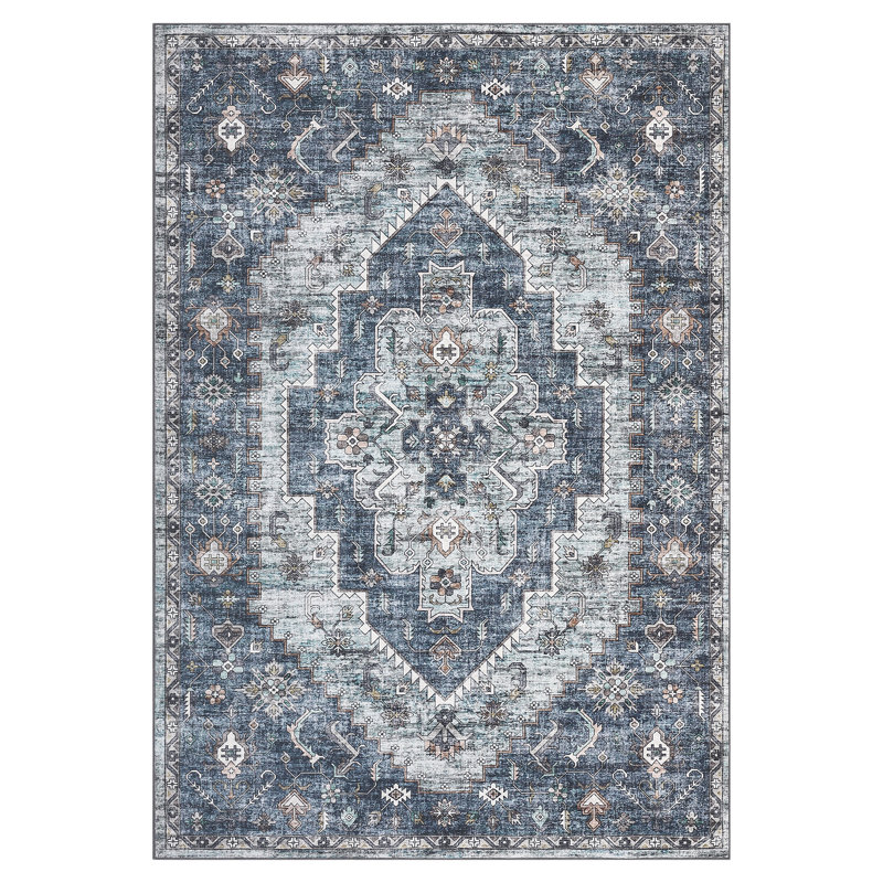 5x7 Washable Area Rug Vintage Oriental Medallion Floor Cover Living Room Foldable Rug Non Slip Carpet Distressed Floral Mat for Bedroom Dining Room Blue