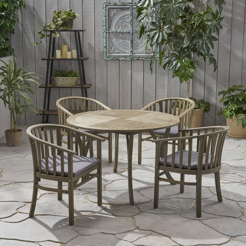 4 - Person Acacia Wood Patio Dining Set with Round Table, Gray Frame / Dark Gray Cushion