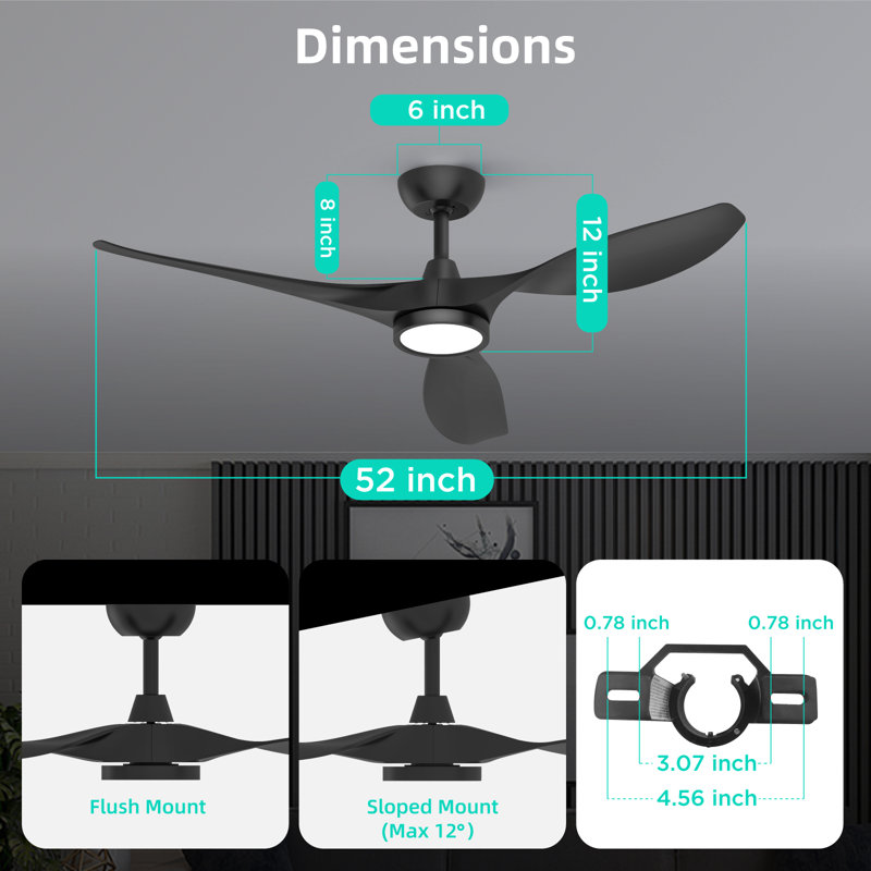 (set Of 2) 52" Blade Led Propeller Ceiling Fan With Remote Control, Black