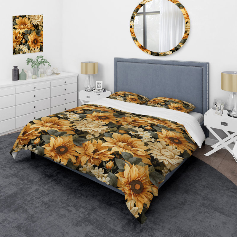 Ensemble de housse de couette à motif de tournesol jaune rustique, Housse de couette pour très grand lit et 2 très
