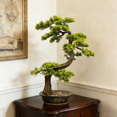 29" Artificial Pine Bonsai Tree With Lush Lifelike Leaves, Faux Evergreen Plant In Decorative Pot