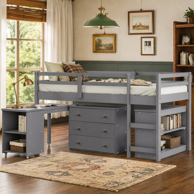 Low Study Twin Loft Bed with Cabinet and Rolling Portable Desk