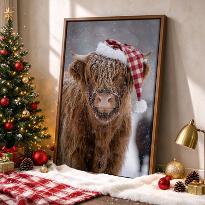 Vache des Highlands de Noël au visage enneigé, tableau sur toile encadré, cadre blanc, 50 x 75 cm