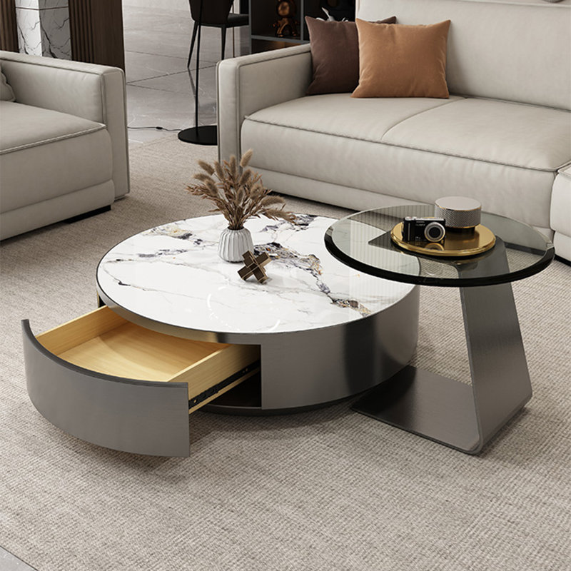 Modern simple oval rock plate coffee table, 12.6" H x 35.4" L x 35.4" W