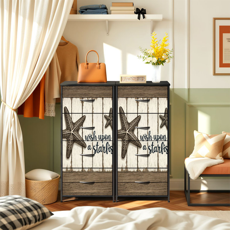 Commode rustique pour chambre à coucher avec 4 tiroirs de rangement Hippocampes rétro Coquillages en bois Océan Commode en bois